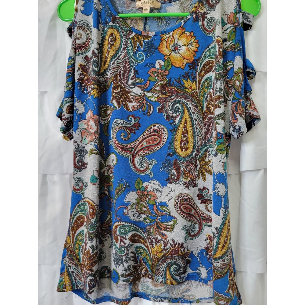 Lavish Womens Blue Paisley Floral Cold Shoulder Short Sleeve Top Med Boho 1617